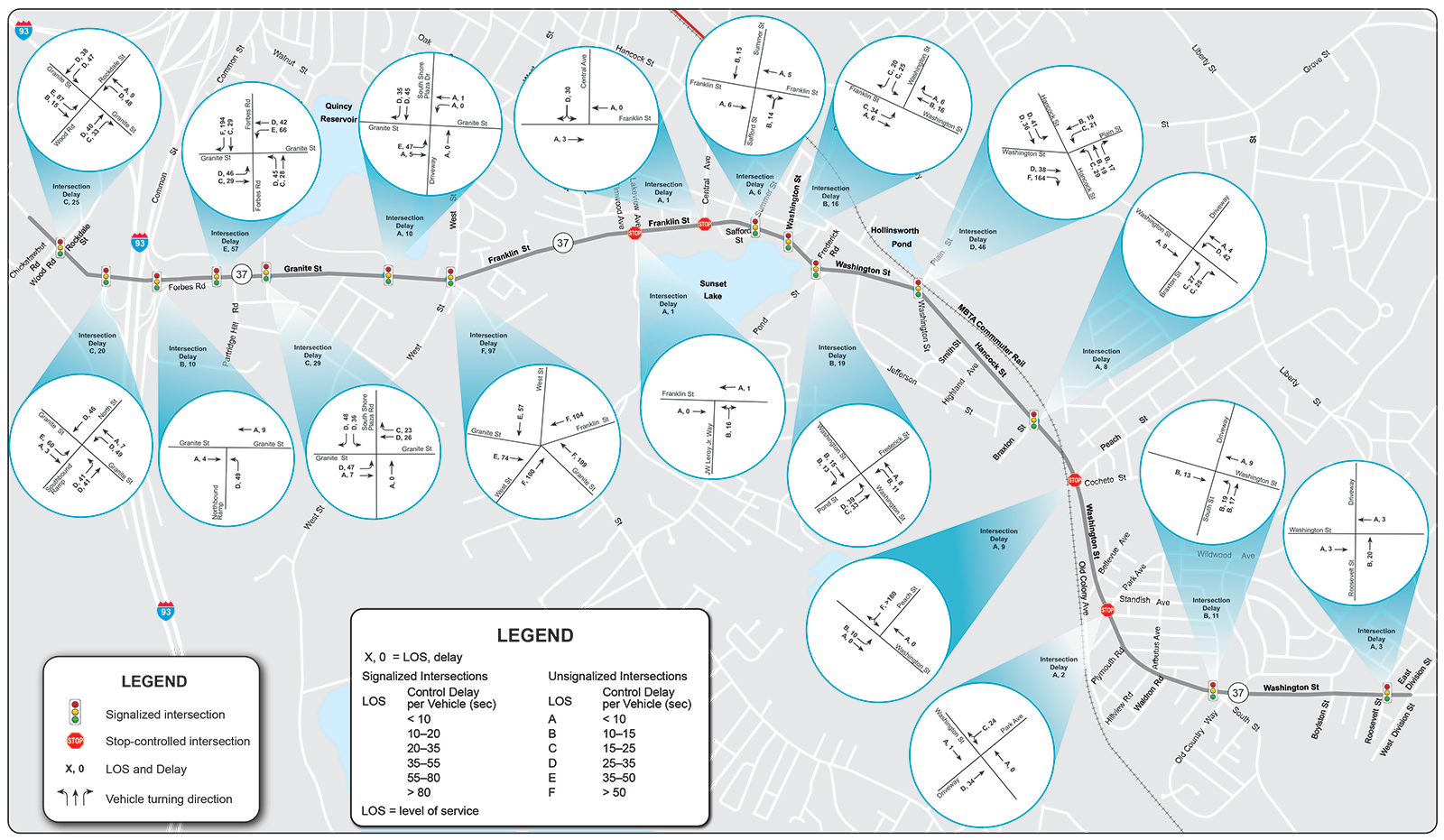 Figure 27 shows the weekend Saturday peak-hour LOS and delays for the 2035 No-Build conditions.